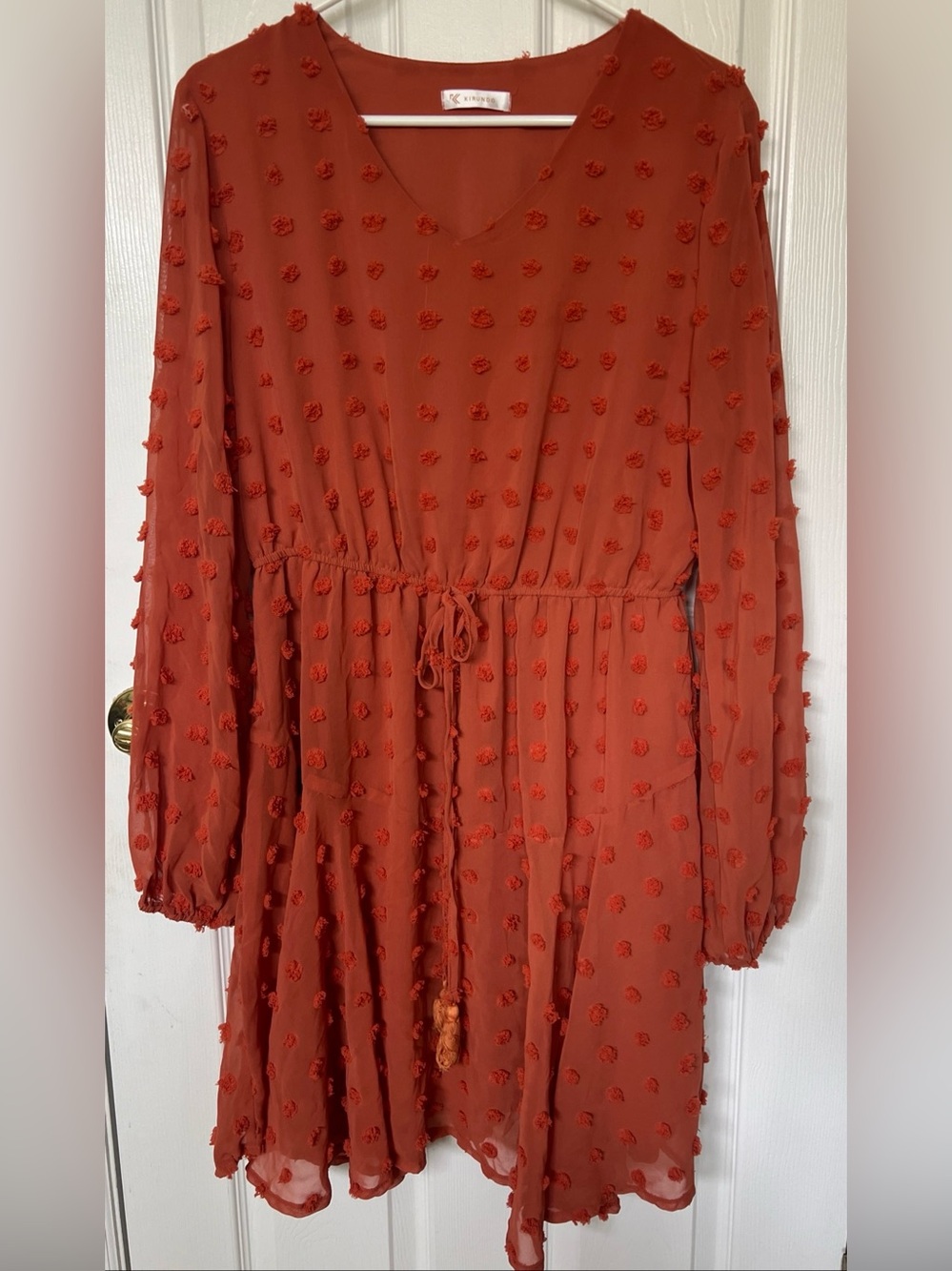 KIRUNDO Burnt Orange Long-Sleeves 
Sz L Textured Polka Dot Lined Design Dress